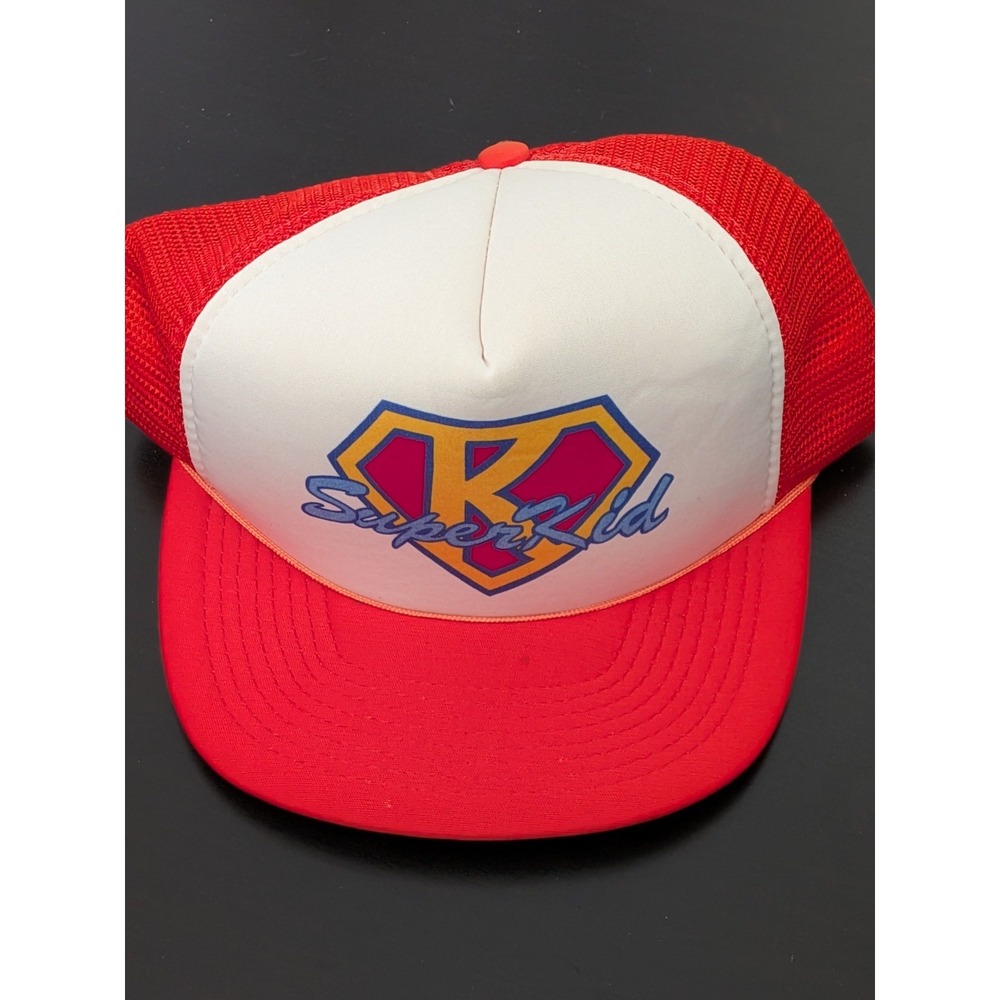 Vintage Super Kid Superkid Trucker Hat Mesh Snapback Cap OSFM Orange White 80s